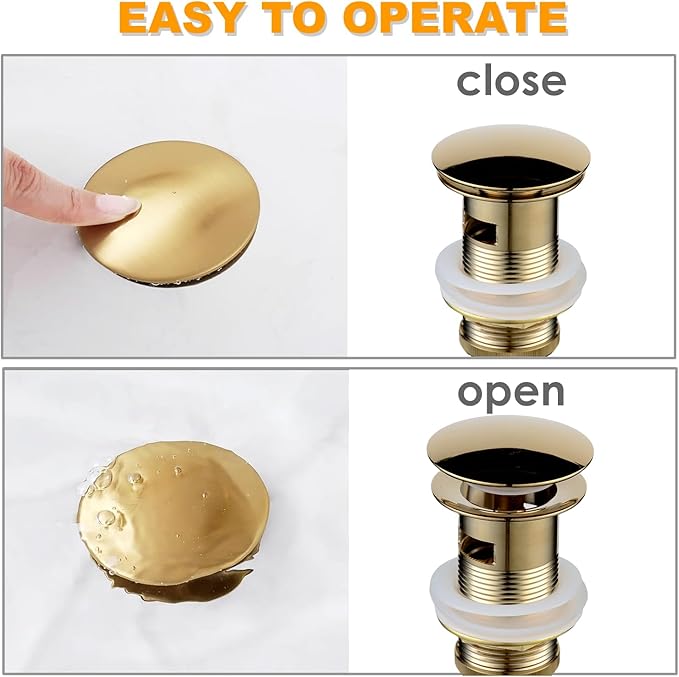 Beelee Pop Up Drain Stopper with Overflow, Gold Sink Drains for Bathroom, Vanity Vessel Sink Drain in Brass, Polished Gold