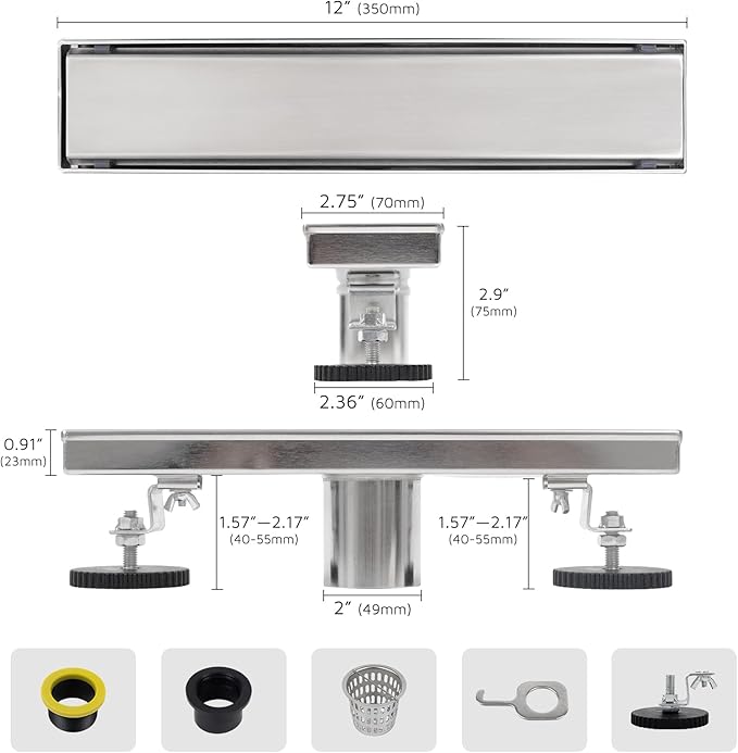 12 Inch Linear Shower Drain Brushed Nickel, Rectangular Reversible 2 in 1 Tile Insert Grate, 304 Stainless Steel Shower Floor Drain Kit, Hair Catcher, Leveling Feet
