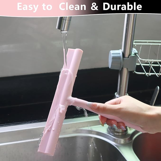 Silicone Shower Squeegee for Glass Doors Window Squeegee for Walls, Sink, Mirror, Bathroom, Car Window Cleaning - Pink