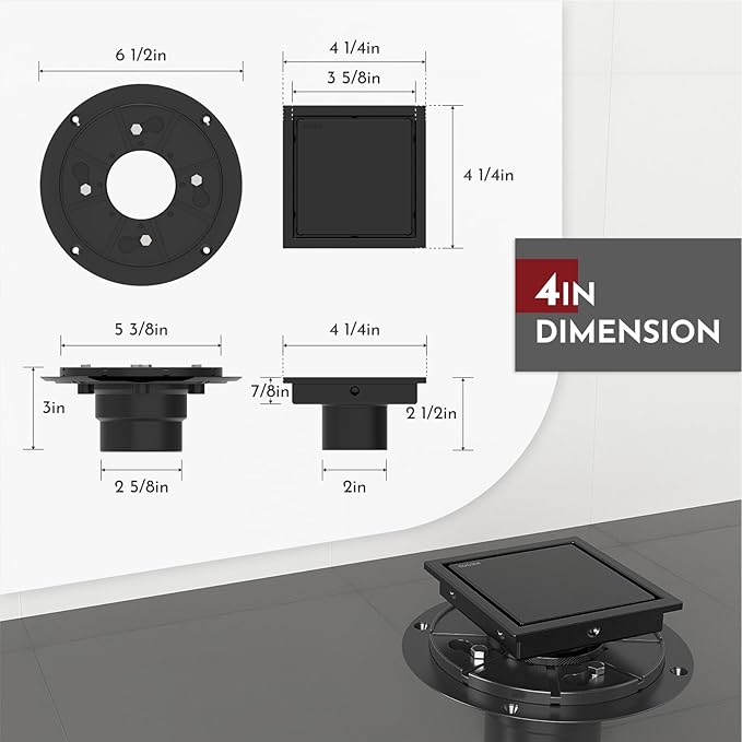WEBANG 4 Inch Square Shower Drain Black Floor Drain with Flange Reversible 2-in-1 Cover Tile Insert Grate Removable SUS304 Stainless Steel CUPC Certified Matte Black