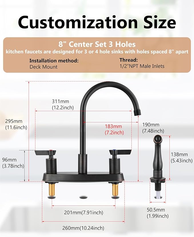 Kitchen Faucet with Sprayer 2 Handle Kitchen Sink Faucets 8 Inch Centerset 3 Hole with Supply Lines Oil Rubbed Bronze