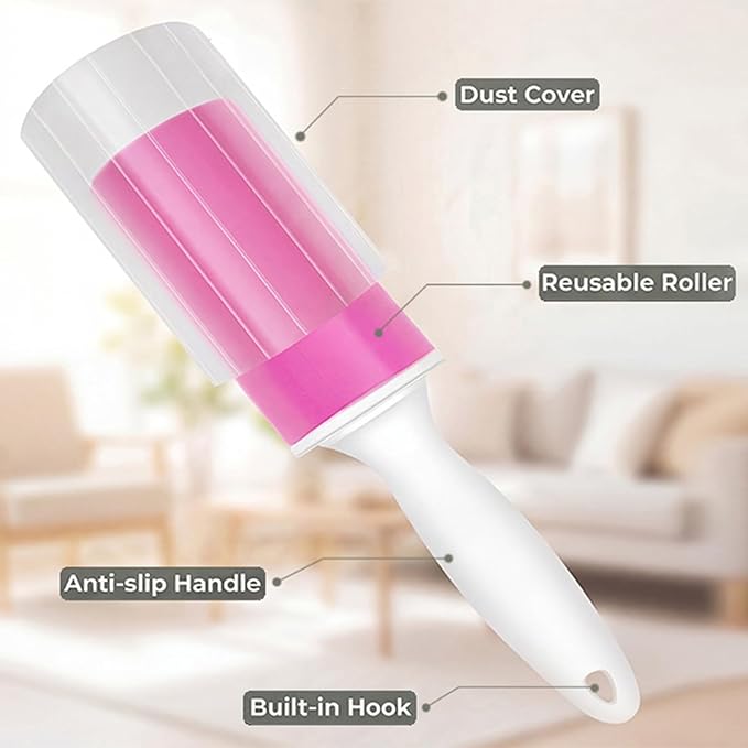 Washable Gel Lint Roller 2 Pack, Reusable Sticky Lint Roller Portable Pet Hair Remover Cleaner for Clothes, Travel, Home, Large with Cover, Pink