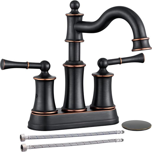 Roman Bathroom Sink Faucet Deck Mount or Wall Mount Installation Pop-up Drain Assembly with Overflow Deck Plate and Water Supply Lines Included (2 Hole Deck Mount, ORB)