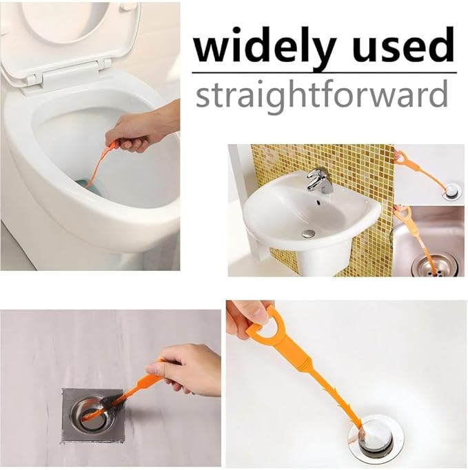 Drain Snake Hair Clog Remover Tool, Orange, Plastic, 20 Inch, Flexible Design for Toilet, Sink, Floor Drain, 3 Pack