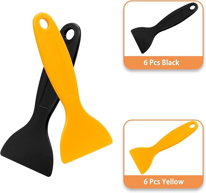 12pcs Plastic Spatula Scraper, Plastic Putty Scraper Air Bubble Remover, Paint Spatula Scraper Cleaner, Resin Print Scraper Sticker Installation Tool for Decal, Grout Removal (Black, Yellow)