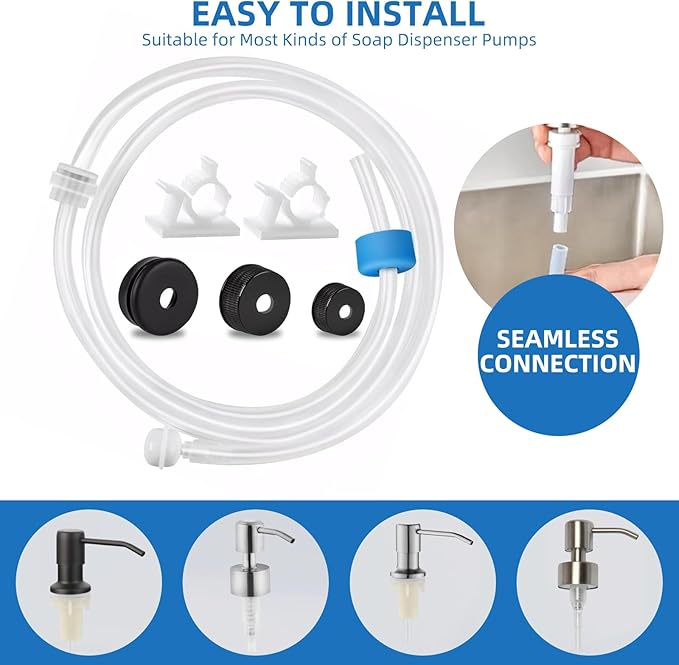 39" Under Sink Soap Dispenser Kit with Check Valve, Premium Food-Grade Silicone Tube & Universal Caps, Converts Countertop Dispenser to Use Large Bulk Bottles (Single-Tube)
