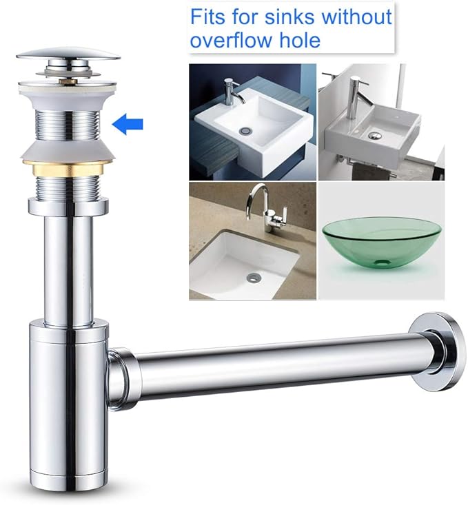 MENATT Round P-Trap Waste Pipe Kit Assembly, Bottle Trap Deodorant Type with 1 1/4" Pop-up Drain Stopper without overflow, Bathroom Sink Siphon Drainer Plumbing Tube Chrome Finished