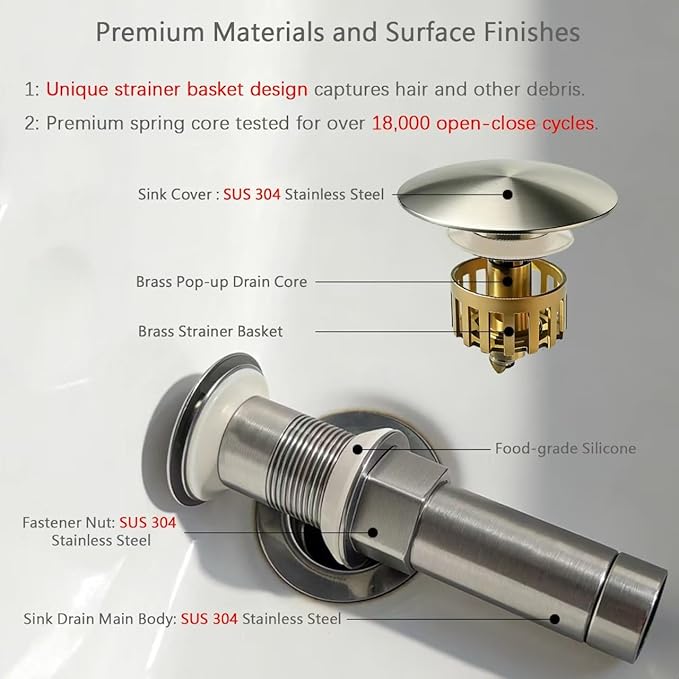 Bathroom Sink Drain, Without Overflow, Pop up Sink Drain Stopper with Strainer Plug for Vessel Sink Lavatory Vanity, SUS 304 Stainless Steel, Brushed Nickel