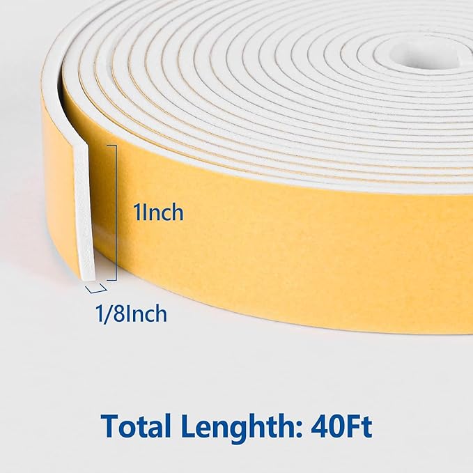 Kikerike Self Adhesive Foam Tape Weatherstrip 1in x 1/8in x 40Ft High Density Foam Insulation Strips Seal Weather Stripping with Strong Adhesive for Door and Window Sound Isolation Soundproofing