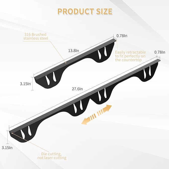 316 Stainless Steel Stove Gap Covers,2 Pack Stove Gap Filler,Range Trim Kit,Heat-Resistant Stove Gap Guard,Easy Retractable Length 13.8" to 27.5",Width 0.79",Black