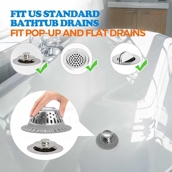 zaa Drain Hair Catcher - Bathtub Drain Cover, Hair Stopper for Bathtub Drain, 304 Stainless Steel Drain Protector and Hair Trap for Flat & Pop-up Drains, Silver Gray