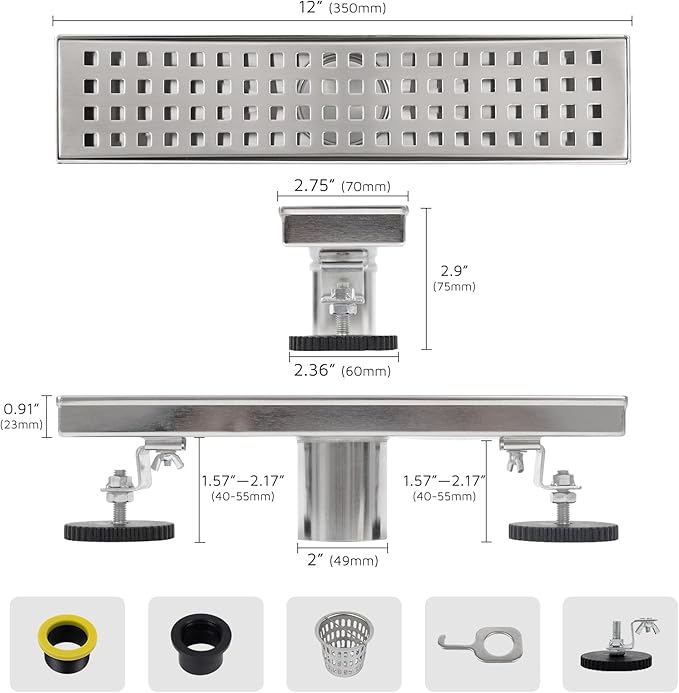 12 Inch Linear Shower Drain Brushed Nickel, Rectangular Shower Floor Drain Kit 304 Stainless Steel, Removable Grid Grate, Hair Catcher, Leveling Feet
