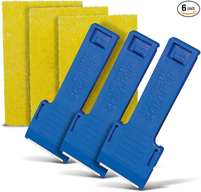 Cerama Bryte 3 x Scraper & 3 x Pad Kit Cooktop and Stove Top Cleaner for Glass - Ceramic Surfaces, 6 Piece Set