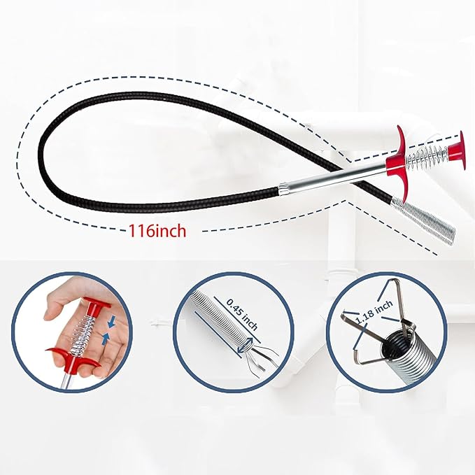 116 Inch Drain Snake, Hair Drain Clog Remover- Flexible Gutter Cleaning Tools for Home Sink, Bathroom Tub,Drain, Toilet, Tight Spaces