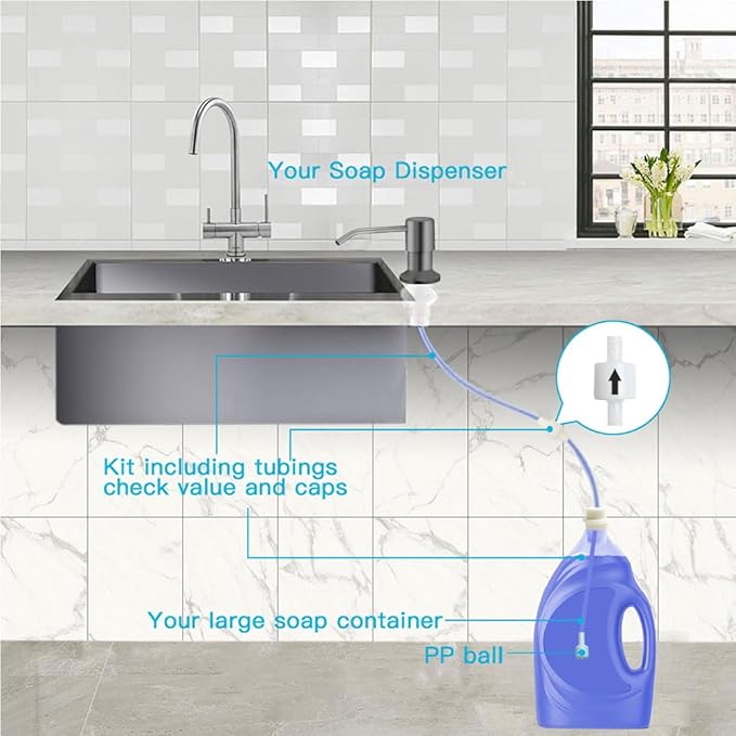 OHiHi Dish Soap Dispenser for Kitchen Sink, Countertop Sink Soap Dispenser Water Pump with 47” No-Spill Extension Tube Kit Design for Kitchen Bathroom, No More Refills （Gray）