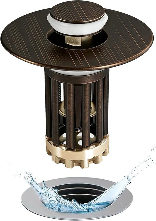 3 in 1 Pop Up Bathroom Sink Stopper, Bathroom Sink Drain Strainer, with Removable Basket Hair Catcher, Universal Sink Plug Cover for 1.06 in to 1.6 in Drain, Oil Rubbed Bronze