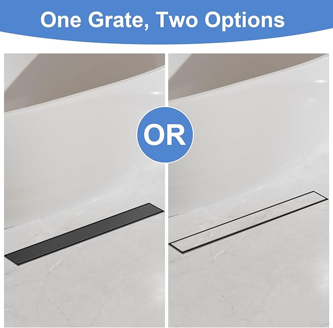 28-Inch Linear Shower Drain with Tile Insert Grate, SUS 304 Stainless Steel Linear Drain, Matte Black Long Rectangle Shower Floor Drain with Leveling Feet, Hair Strainer, Fits Bathroom