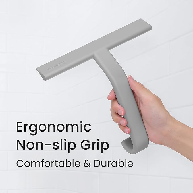 dancemoon JustHang Shower Squeegee for Glass Doors, All-in-One Piece Silicone Squeegee with Built-in Hook for Bathroom, Window, Mirror, Tile Wall, Car, Streak-Free Bathroom Cleaner Tool,10 Inch Gray