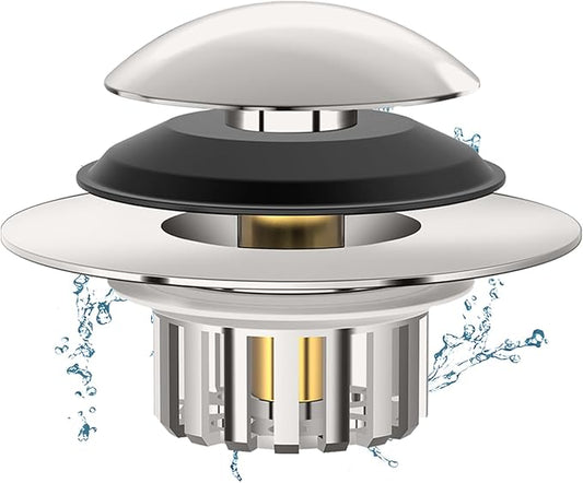 Universal 3 in 1 Bathtub Drain Stopper Bathtub, Pop-up Tub Stopper with Effective Filter Basket, Anti-Clogging Bathtub Drain Plug Bath Tub Stoppers for 1.45-1.8" Drain Shoe, Brushed Nickel