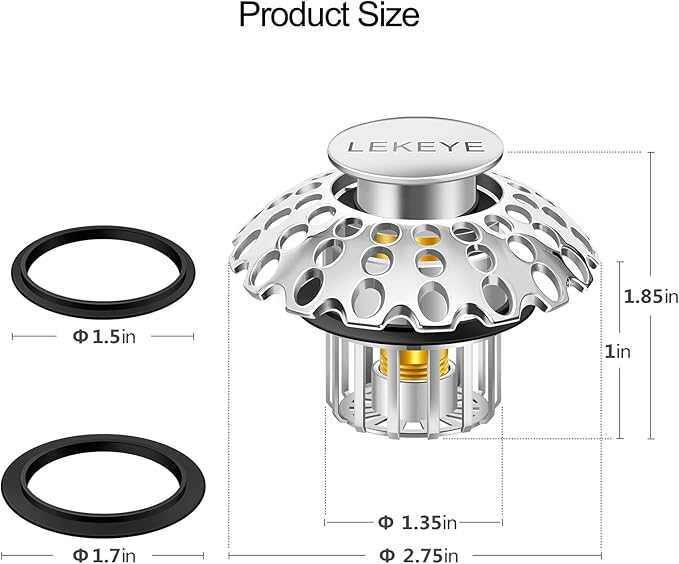 LEKEYE Tub Stopper | Shower Drain Hair Catcher | Bathroom Bathtub Plug | Pop Up Bathtub Drain Stopper for 1-1/2" to 1-3/4" Bath Drain Hole - Pearl Chrome