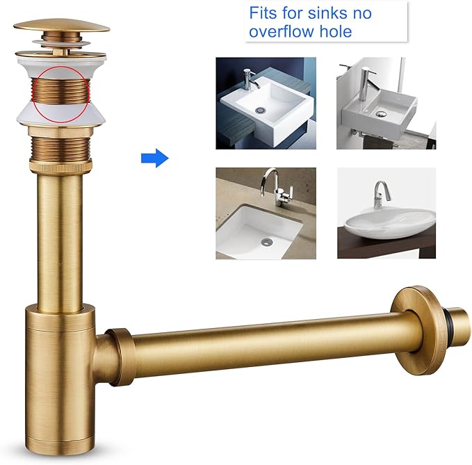 MENATT Solid Brass Bathroom Sink Stopper P-Trap Complete Set, Adjustable Bathroom Bottle Trap Sink Drain Kit and Pop Up Drain Without Overflow, Antique