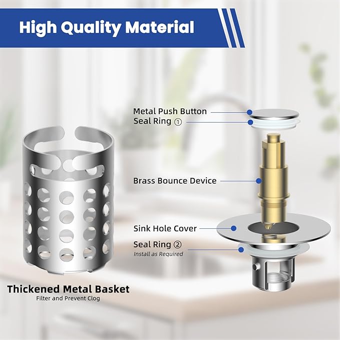 Universal Bathroom Sink Drain Strainer Hair Catcher Upgraded with Removable Stainless Steel Filter Basket, 3 in 1 Pop Up Sink Stopper for 1.1''~2.36'' Sink Basin Hole, Chrome