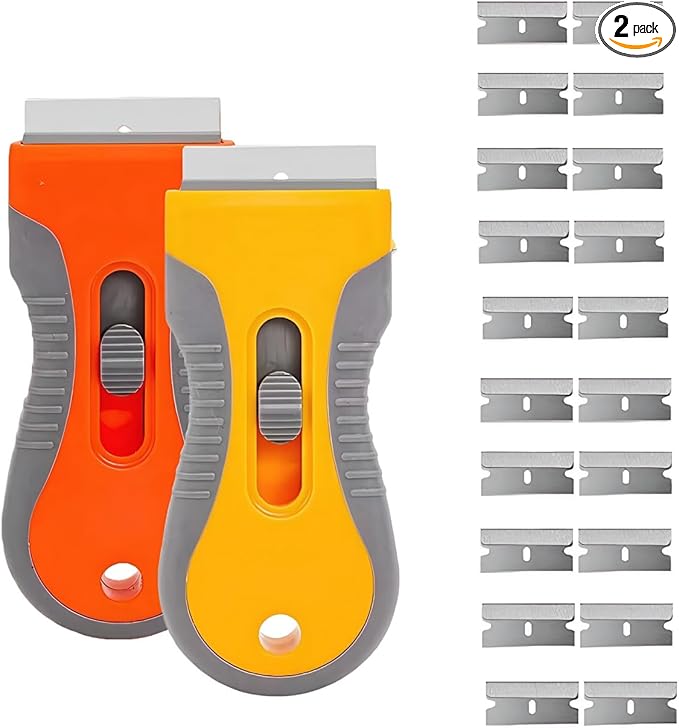 2pcs Retractable Razor Scraper with 20 Extra Blades, Safety Lock Window Scraper for Removing Labels, Paint, Stickers from Glass, Stovetop & Surfaces