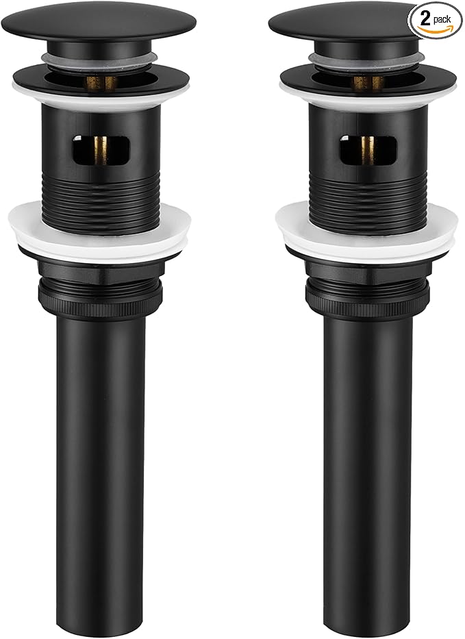 KES Bathroom Sink Drain with Overflow, Matte Black Pop Up Drain 2 Pack for Vanity Vessel Sink, All Metal Bathroom Sink Stopper, T304 Stainless Steel and Brass, S2008A-BK-P2-KES