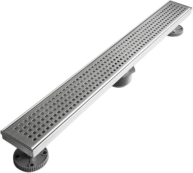 Neodrain 24-Inch Linear Shower Drain with Quadrato Pattern Grate,Brushed 304 Stainless Steel Rectangle Shower Floor Drain,Linear Drain with Leveling Feet,Hair Strainer