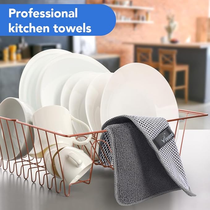 VIVOTE Microfiber Cleaning Cloths Washable Dishcloths with Polyester Mesh Scrubbing Edge Dishcloths, Kitchen Household Wipes Kitchen Dish Cloth,8pcs,7.87“ x 7.87” (Grey)