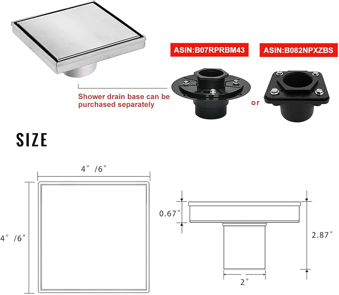 SaniteModar Shower Drain, Invisible 6 inch Square Shower Drain 2-in-1 Tile Insert Cover, 304 Stainless Steel Brushed Shower Floor Drain with Hair Catcher and Threaded Adapter