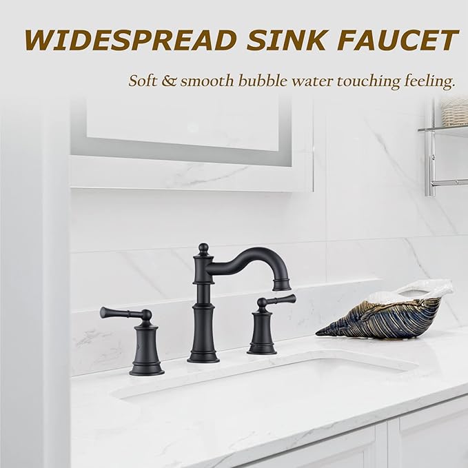 Roman Bathroom Sink Faucet Deck Mount or Wall Mount Installation Pop-up Drain Assembly with Overflow Deck Plate and Water Supply Lines Included (3 Hole Deck Mount, Matte Black)