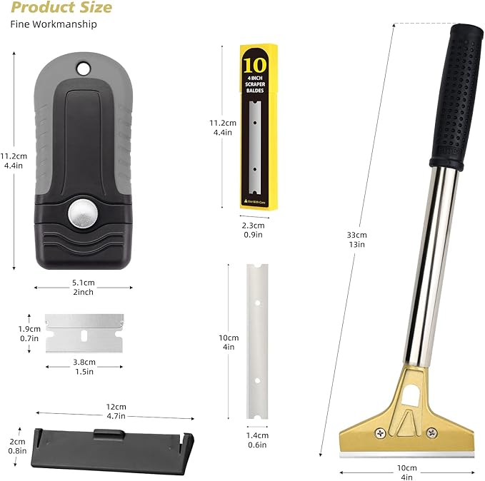 EHDIS Razor Blade Scraper, 1.5'' and 4'' Glass Scraper Tool, Floor Adhesive Remover Scraper with Metal Razor Blades, Paint Scraper Ideal for Cleaning Stove Top, Windows, Grill