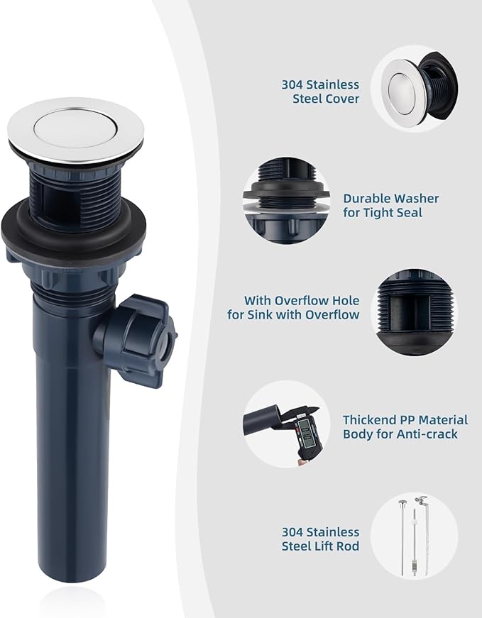 Bathroom Sink Drain with Lift Rod, Pop Up Sink Drain with Overflow, Universal Fit, Chrome Drain Stopper for Vessel Sink, Assembly for Bathroom Faucet