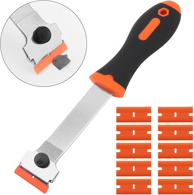 Razor Blade Scraper, Long Handled Scraper with 10 Extra Replacement Blades, Cleaning Scraper for Removing Stickers, Paint, Caulk, Label, Grease from Window, Car Glass, Windshield, Stove