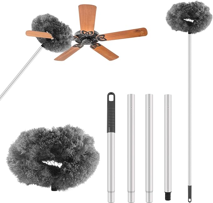 LUCKY-M Ceiling Fan Cleaner Duster, Removable Microfiber Ceiling Fan Blade Cleaner Reusable Duster with Extension Pole Adjusts 13 to 57.1 in for Cleaning Bookshelves Wall Door Window Top(Grey)