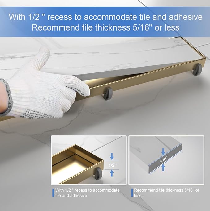 18-Inch Linear Shower Drain with Tile Insert Grate, SUS 304 Stainless Steel Linear Drain, Brushed Gold Long Rectangle Shower Floor Drain with Leveling Feet, Hair Strainer, Fits Bathroom