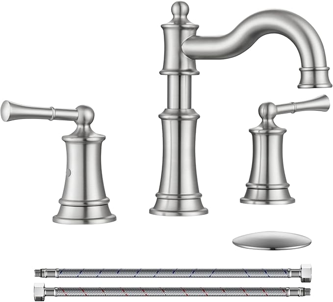 Roman Bathroom Sink Faucet Deck Mount or Wall Mount Installation Pop-up Drain Assembly with Overflow Deck Plate and Water Supply Lines Included (3 Hole Deck Mount, Brushed Nickel)