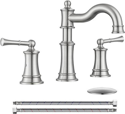 Roman Bathroom Sink Faucet Deck Mount or Wall Mount Installation Pop-up Drain Assembly with Overflow Deck Plate and Water Supply Lines Included (3 Hole Deck Mount, Brushed Nickel)