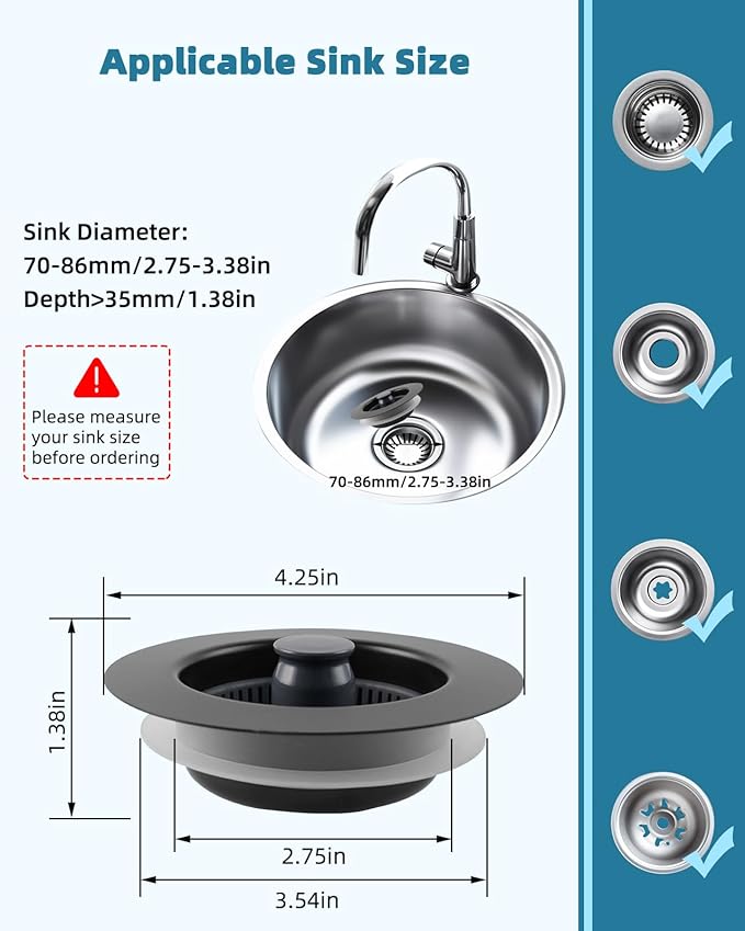 Universal 3 in 1 Kitchen Sink Drain Strainer Stopper Combo, Black Stainless Steel Shell Pop Up Sink Stopper for US Standard 3-1/2 inch Drain Filter, Anti-Clog and Easy Clean, Matte Black