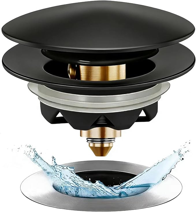 Bathtub Drain Stopper, Pop Up Tub Stopper and Cover, Bottom with Hair Catcher, Universal for 1.45 to 1.8in Drain, Replaces Old Drain Plug, Matte Black