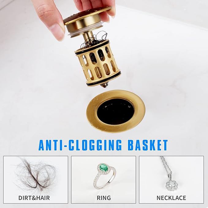 JONKEAN Bathroom Pop Up Drain with Overflow,Vanity Vessel Sink Drain with Detachable Basket,Pop Up Drain Stopper Hair Catcher, Built-in Anti-Clogging Strainer (Brushed Gold, with Overflow)