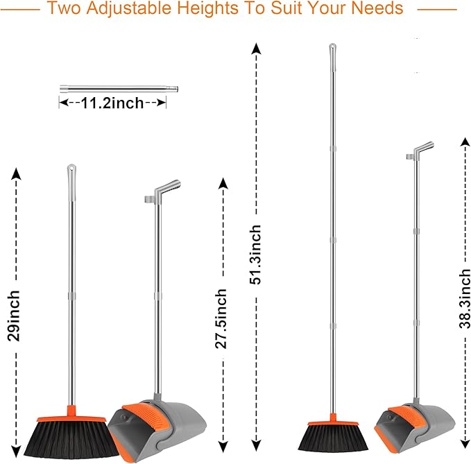 Broom with Dustpan Combo Set, 51" Household Dustpans and Broom, Standing Dust Pan Set for Home, Cleaning Set for Kitchen Lobby Indoor Outdoor