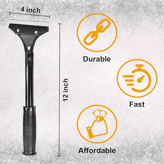 Razor Blade Scraper, 4-inch Heavy Duty Long-Handle Scraper for Wallpaper, Paint, Floor, Tile and Windows, Rubber Grip, Made in USA