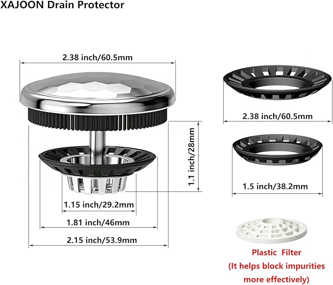 XAJOON Bathtub Drain Hair Catcher，Bath Tub Drain Protector，Drain Strainer,Fits 1-3/8” ~1-3/4” Drains (Not Fit for the Kitchen/Shower Drain.Patented Design,Chrome)