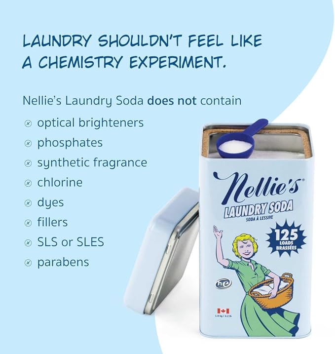 Nellie’s Laundry Soda 125 Loads – Laundry Powder Detergent – 4 Ingredients – No Residue – HE & Septic Safe – Made in Canada