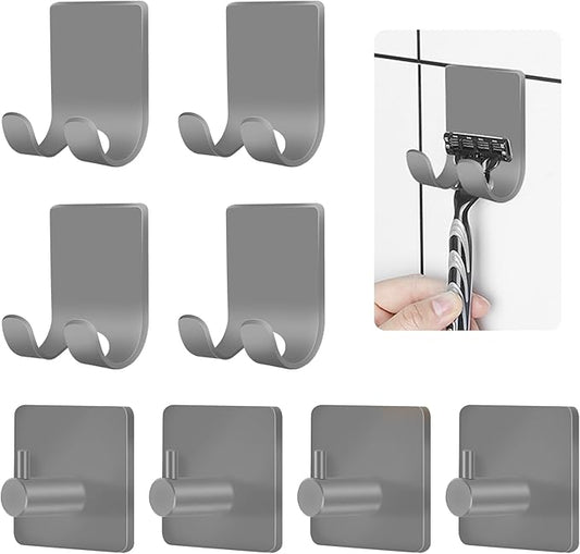 CGBE Razor Holder for Shower, 4 Packs Shaver Holder and Hooks, Self Adhesive Wall Mounts for Bathroom, Damage Free - Grey