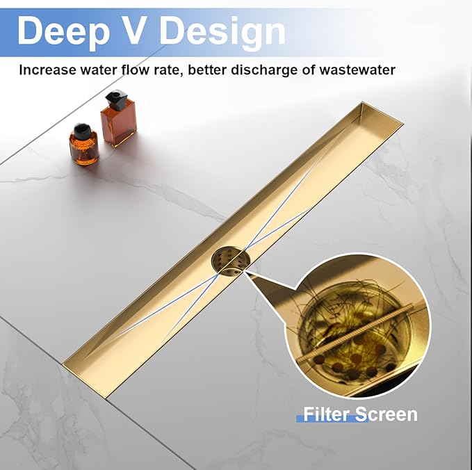 28-Inch Linear Shower Drain with Tile Insert Grate, SUS 304 Stainless Steel Linear Drain, Brushed Gold Long Rectangle Shower Floor Drain with Leveling Feet, Hair Strainer, Fits Bathroom
