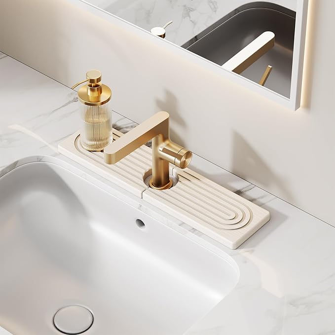15.7 Inch Stone Faucet Mat for Kitchen Sink Splash Guard, Diatomite Sink Protectors for Kitchen Sinks Behind Faucet, Quick Dry Water Absorbing Stone Tray , Drip Catcher (White, 15.7" x 3.9")