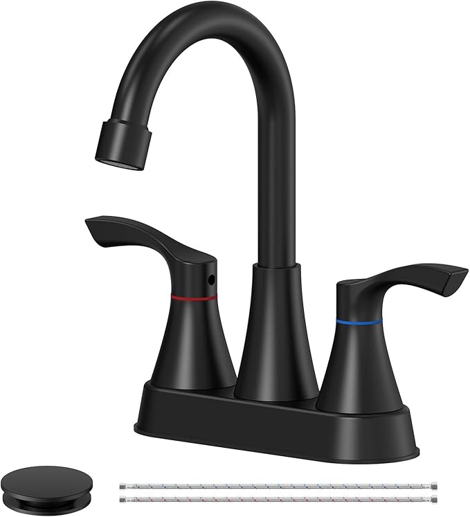 Matte Black Bathroom Faucet 3 Hole, Evolvegoods 4 Inch Stainless Steel Bathroom Sink Faucet, 2 Handle Centerset Faucet for Bathroom Sink Vanity, with Pop Up Drain and 2 Supply Hoses
